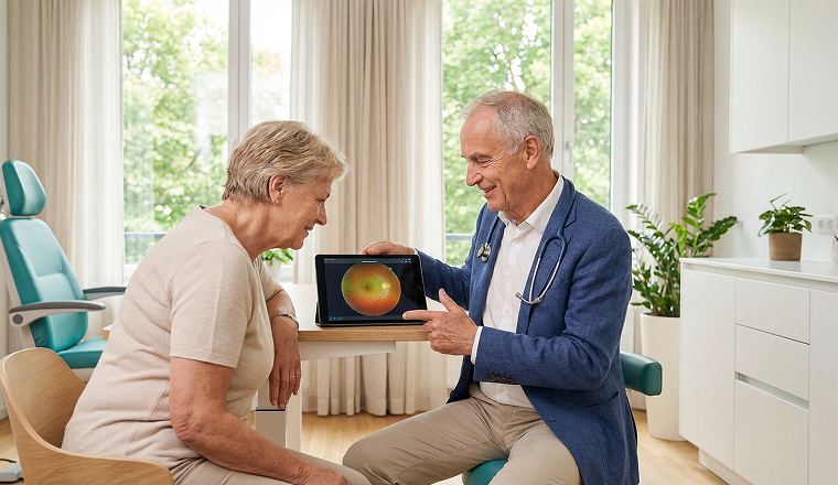 Consultant showing retinal scan results to a patient